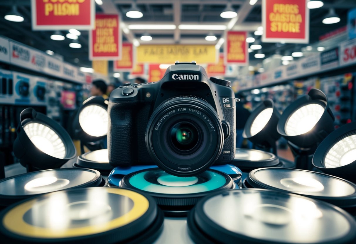 A DSLR camera surrounded by promotional banners and spotlights in a crowded electronics store