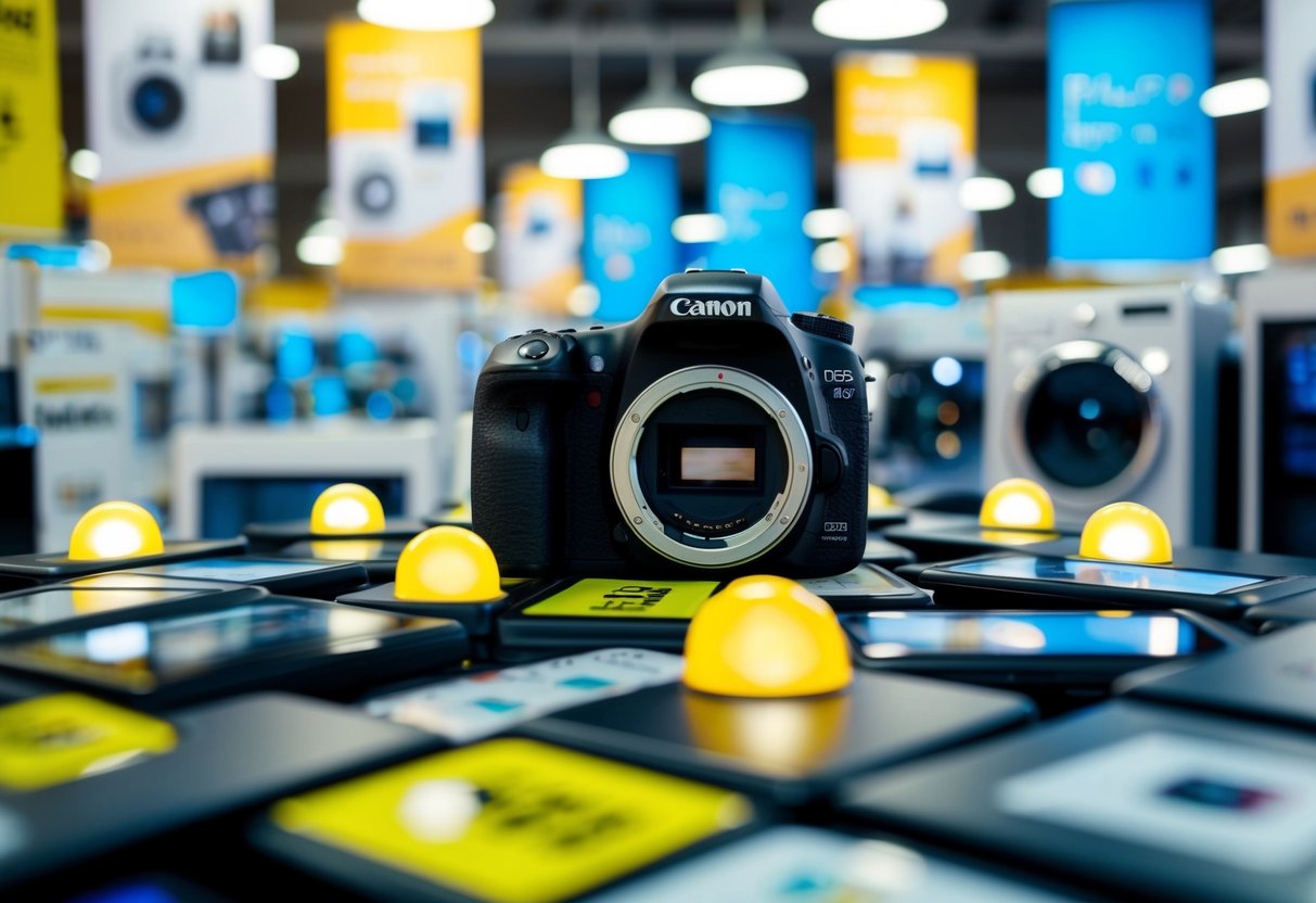 A DSLR camera surrounded by promotional banners and lights in a busy electronics store