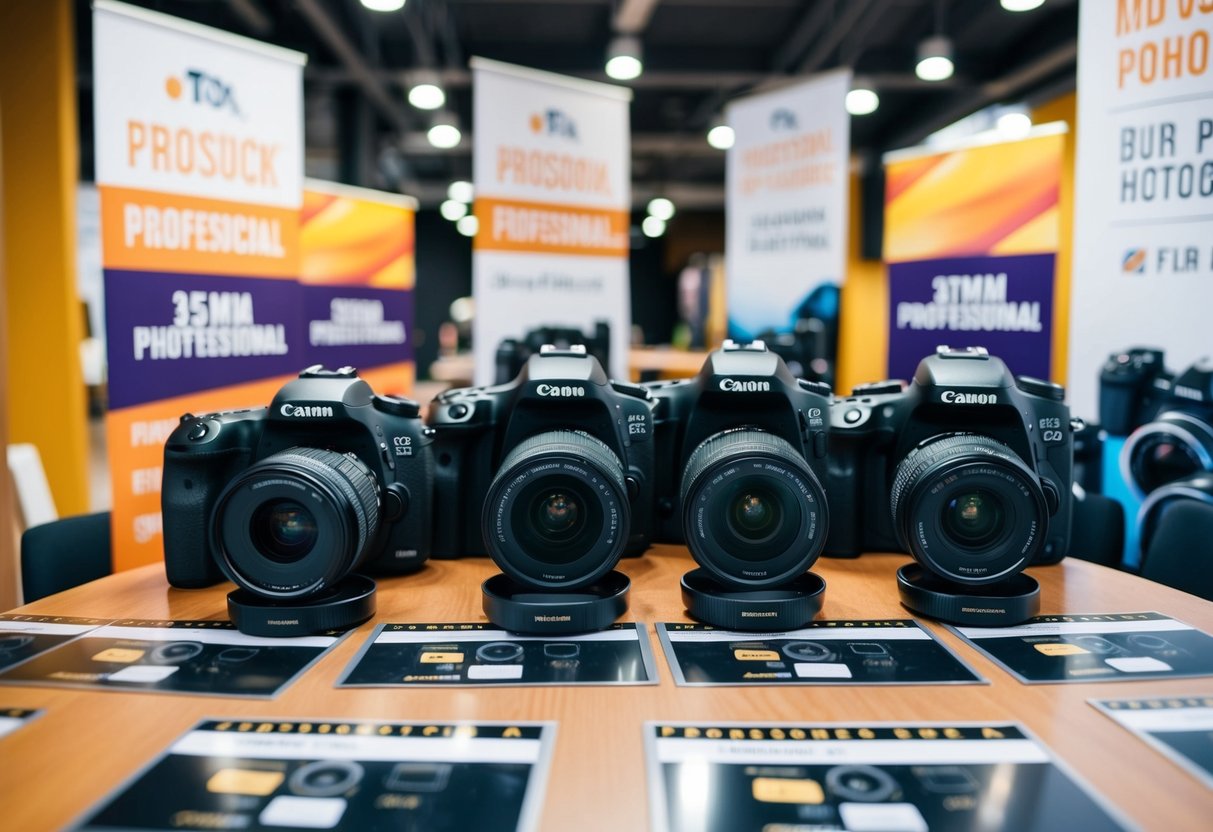 A table with various DSLR cameras, surrounded by promotional banners and signs