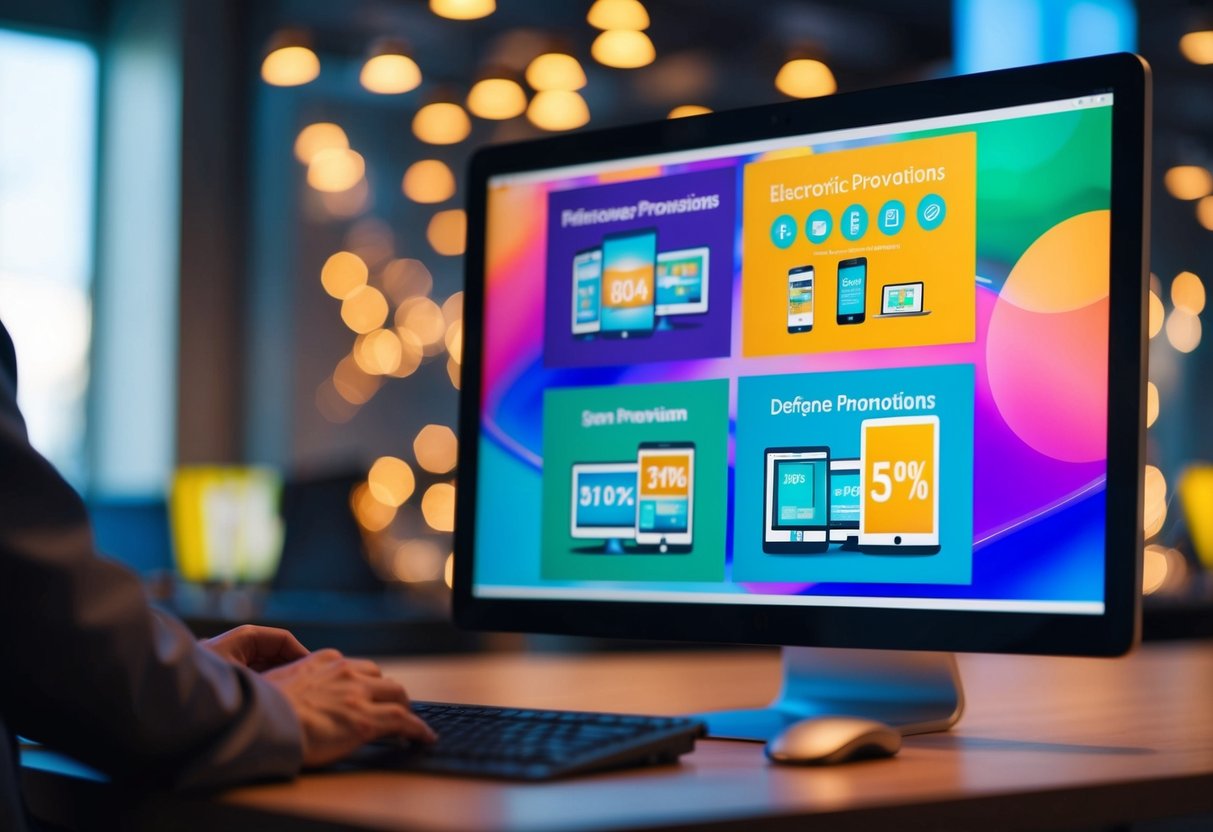 A computer screen displaying various electronic promotions with vibrant colors and eye-catching graphics