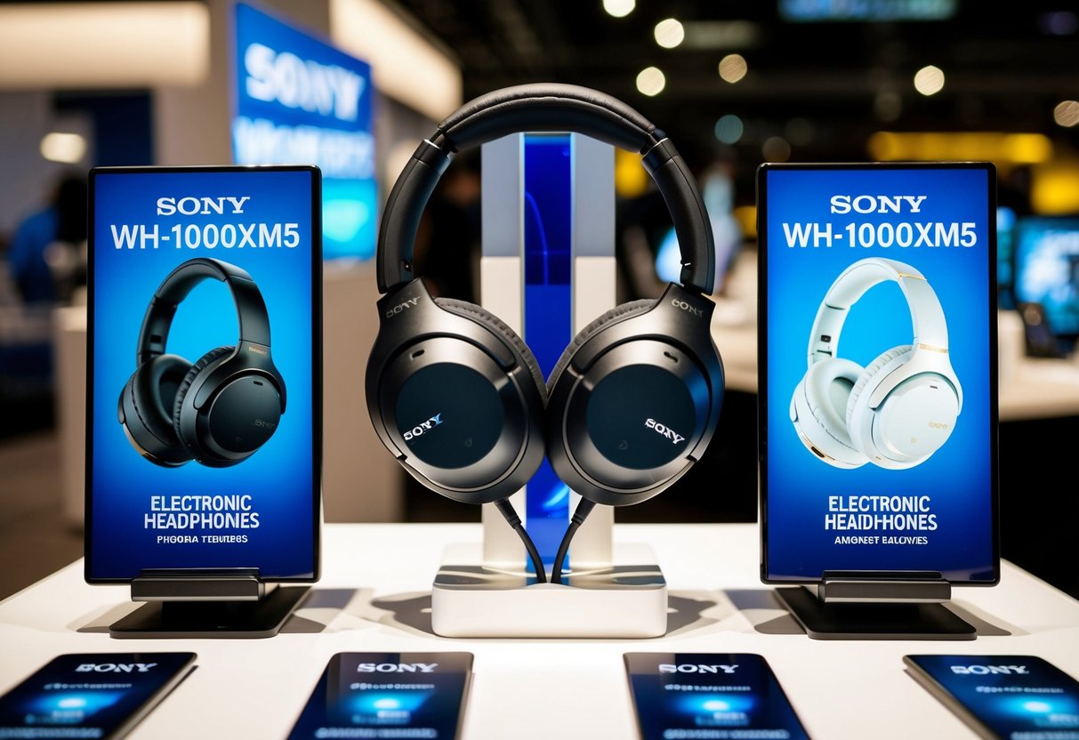 A sleek and modern display of Sony WH-1000XM5 headphones surrounded by electronic promotions