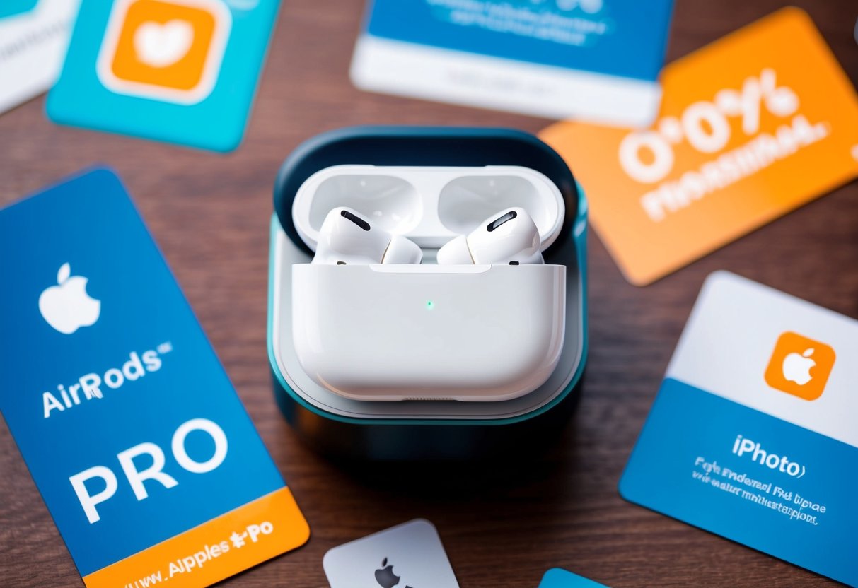 An Apple AirPods Pro box surrounded by digital promotional banners and icons