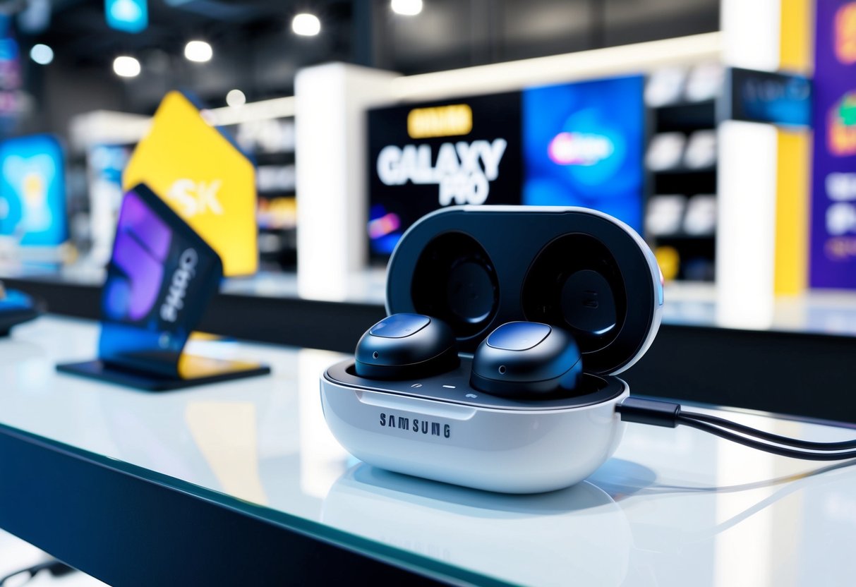 A pair of Samsung Galaxy Buds Pro are displayed on a sleek, modern electronic store shelf, surrounded by vibrant promotional signs and logos