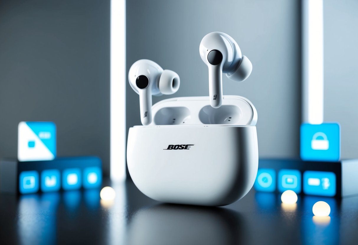 A sleek pair of Bose QC Earbuds II are displayed against a modern, minimalist backdrop, surrounded by digital promotions and glowing icons