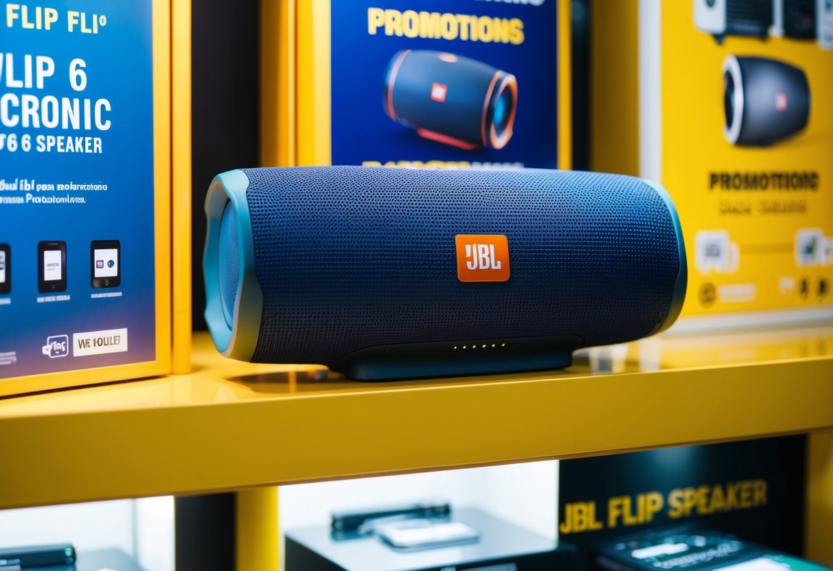 A JBL Flip 6 Speaker surrounded by electronic promotions on a vibrant display shelf