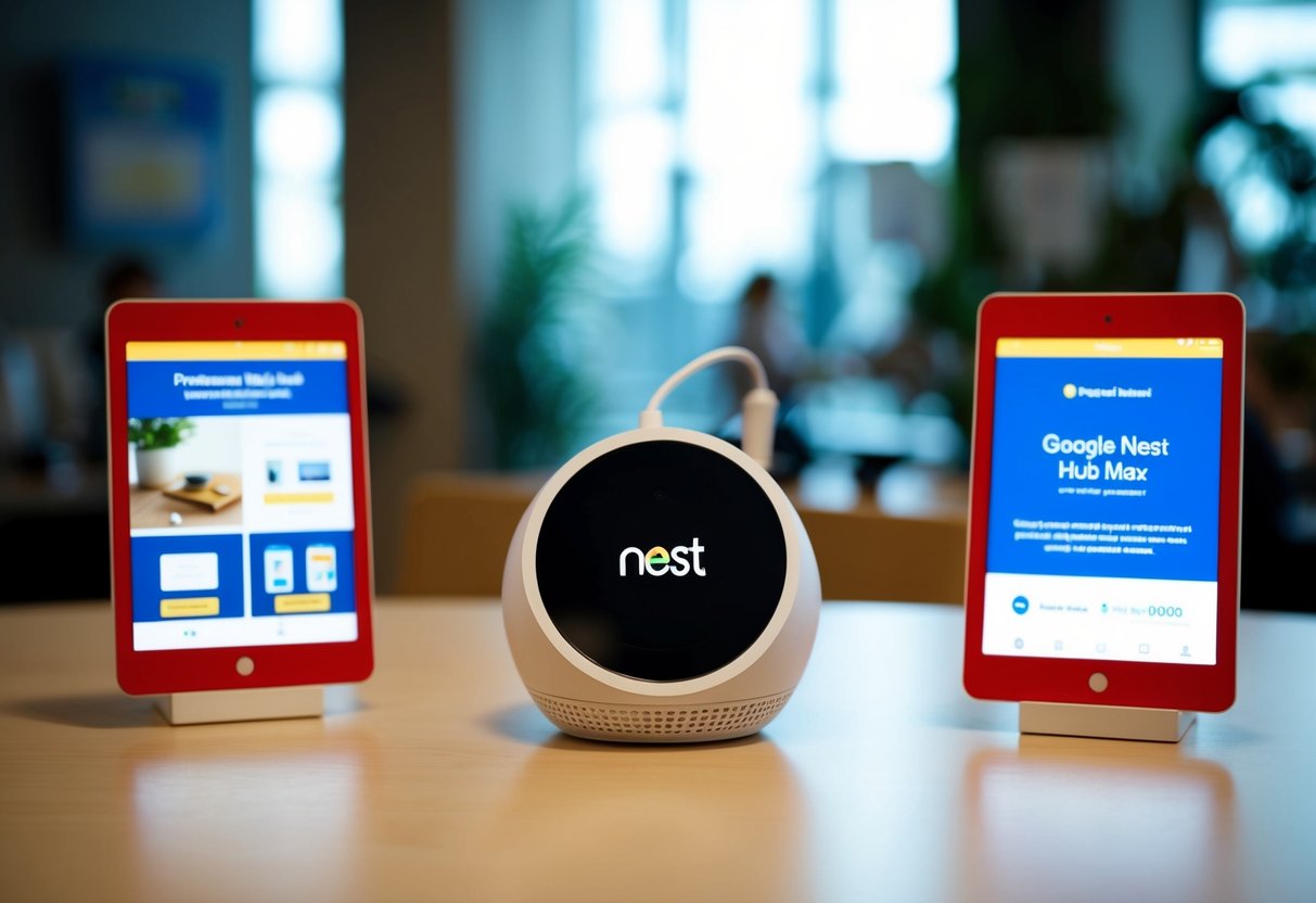 A Google Nest Hub Max displayed with electronic promotions