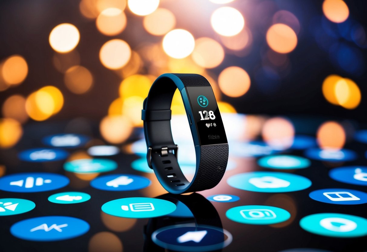 A Fitbit Charge 5 surrounded by digital icons and promotional banners