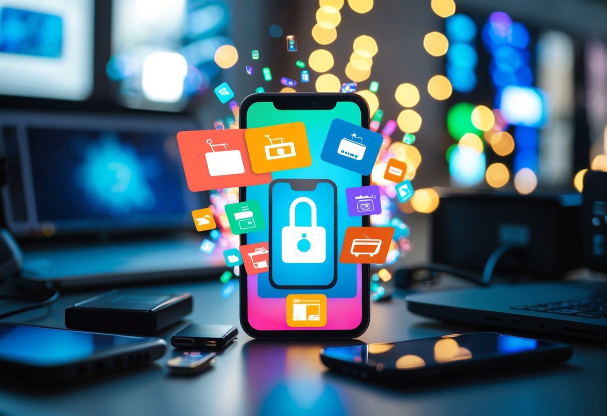 A smartphone emitting colorful digital promotions, surrounded by various electronic devices