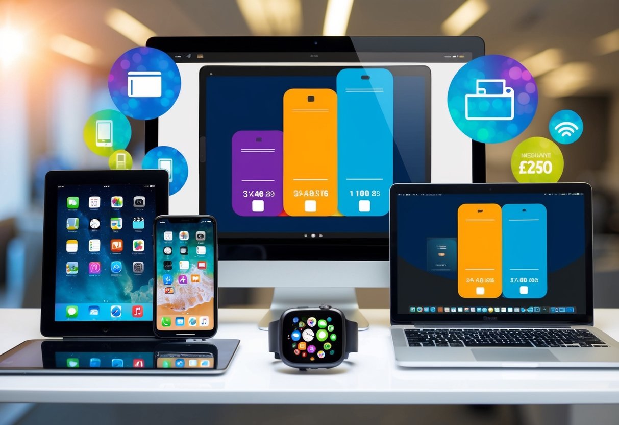 A variety of electronic devices, including smartphones, tablets, laptops, and smartwatches, displayed with colorful promotional graphics