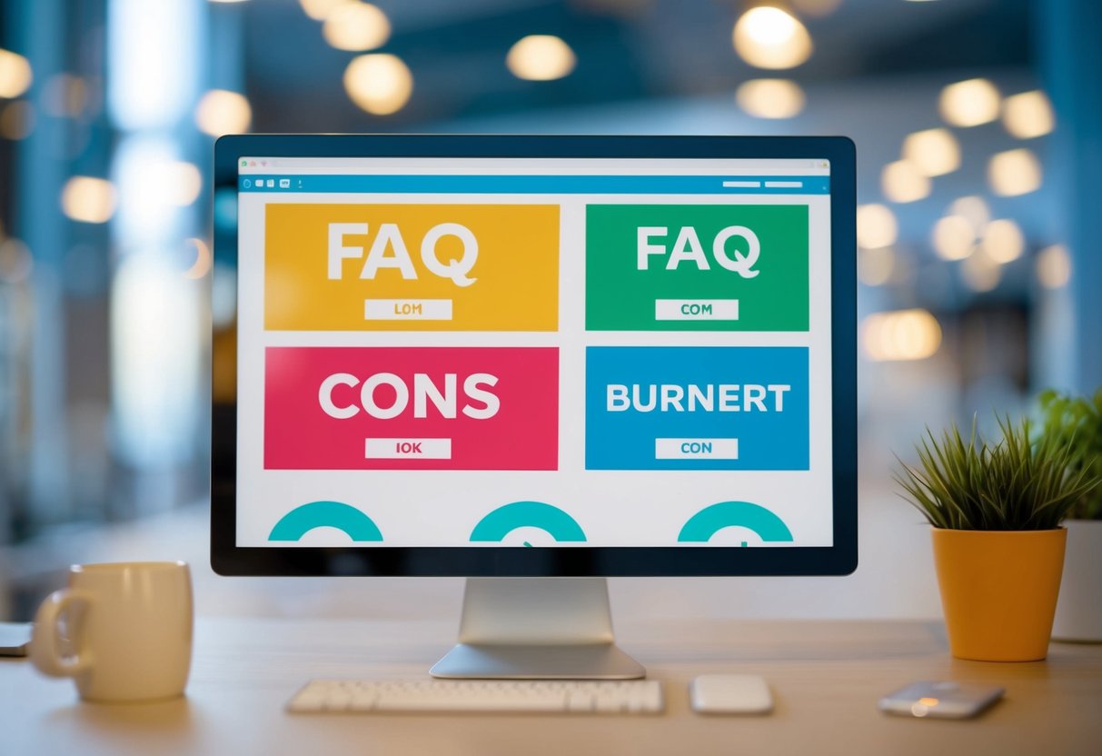 A computer screen displaying a series of FAQ icons and promotional banners