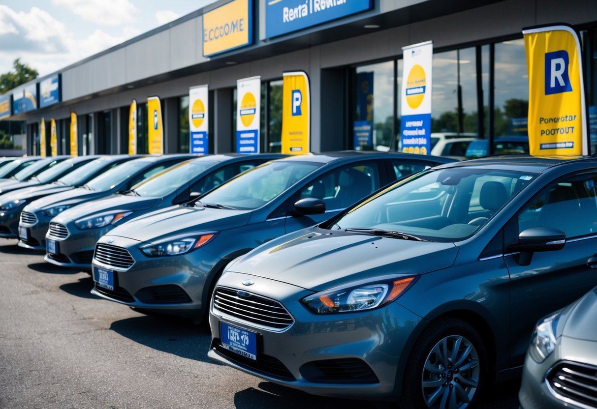 A line of economy cars parked in front of a rental office with promotional banners and signs displayed