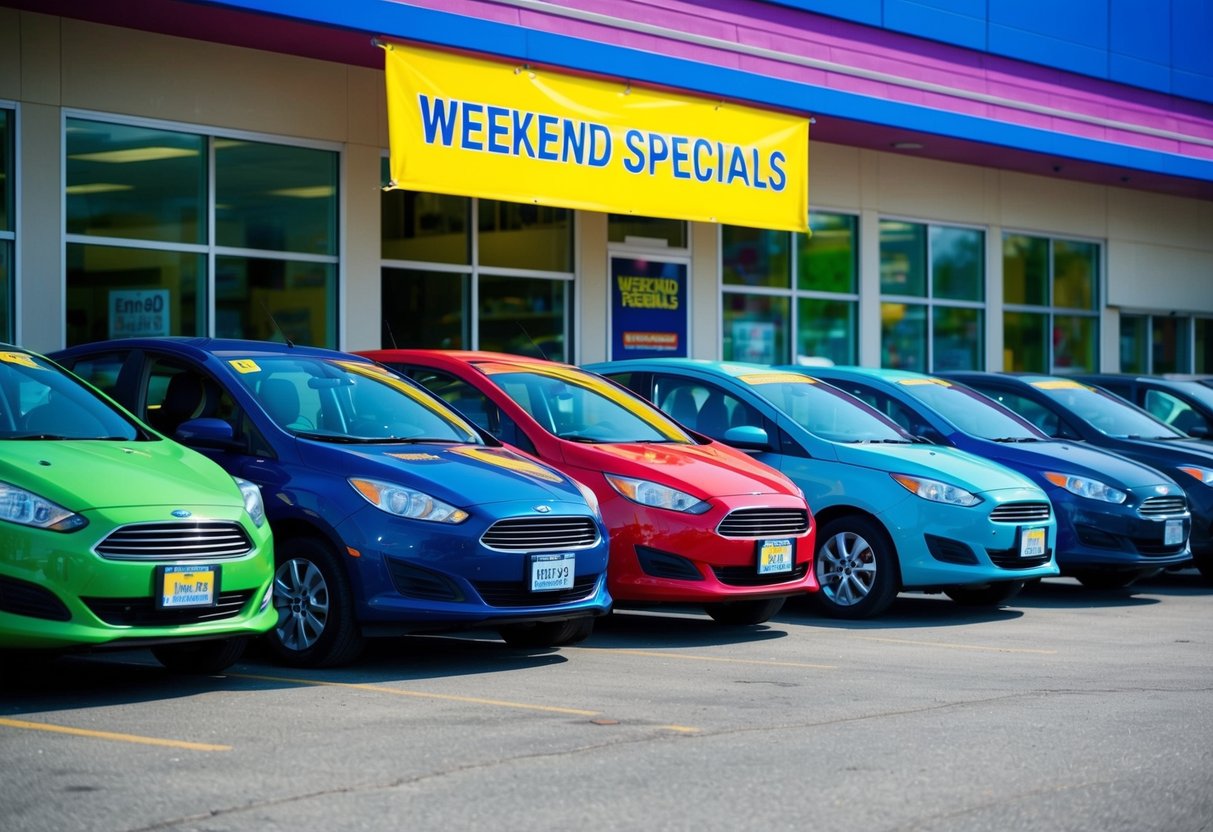 A row of colorful economy cars parked in front of a vibrant Enterprise rental office, with a bright "Weekend Specials" banner displayed prominently