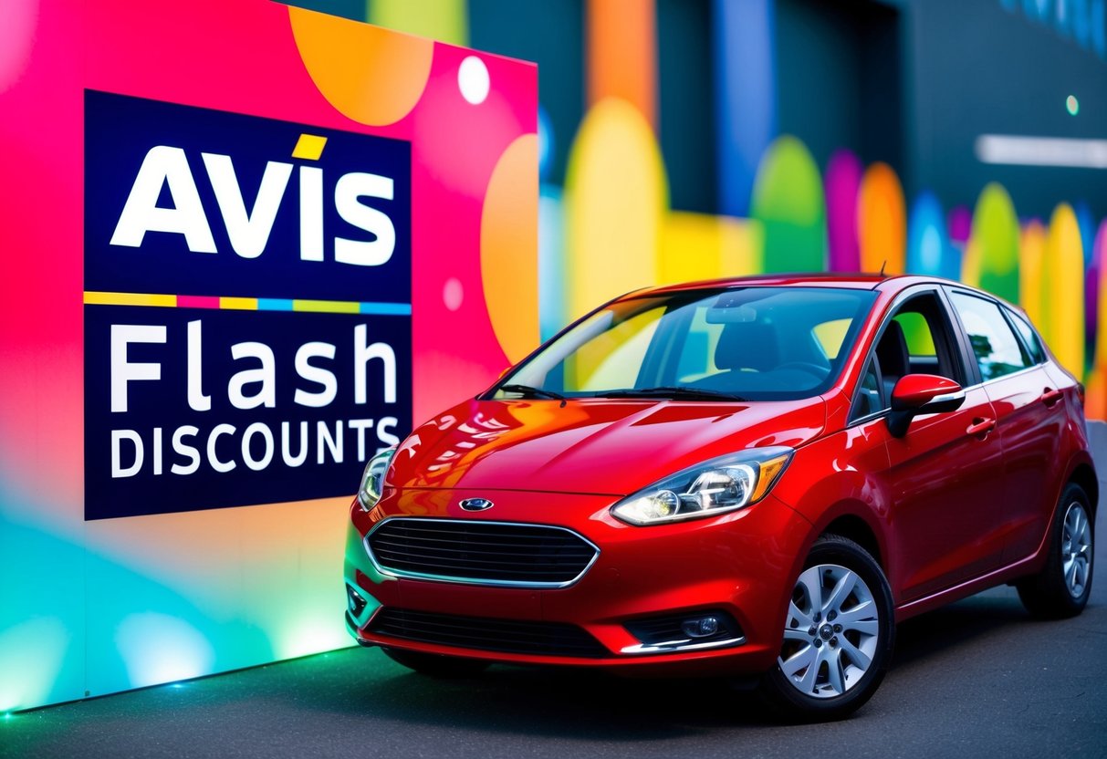 A vibrant car rental ad featuring a shiny red economy car with a bold "Avis Flash Discounts" logo, surrounded by colorful promotional graphics