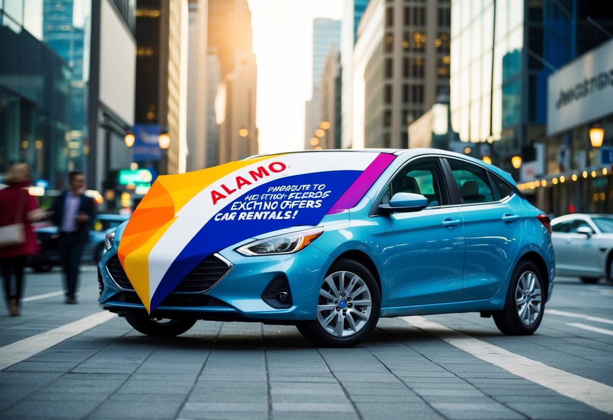 A colorful banner adorns a sleek economy car in a bustling city setting, with bold text promoting Alamo's Exciting Offers for car rentals