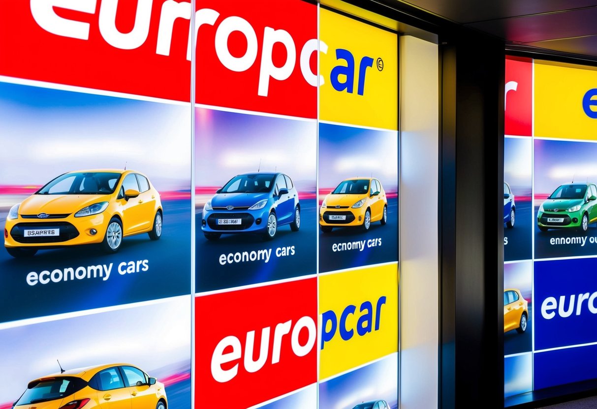 A bright, colorful Europcar promotion display featuring images of economy cars and bold, attention-grabbing graphics
