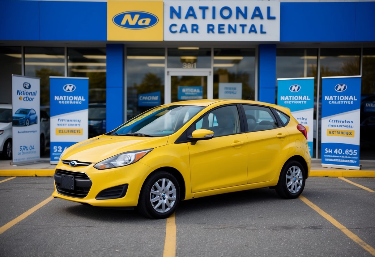 A bright yellow economy car parked in front of a National Car Rental office, surrounded by promotional banners and signs