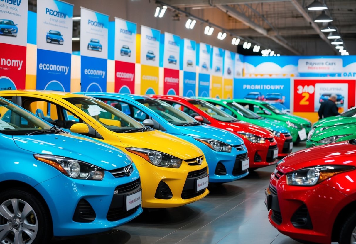 A bright, colorful display of economy cars with promotional banners and signs