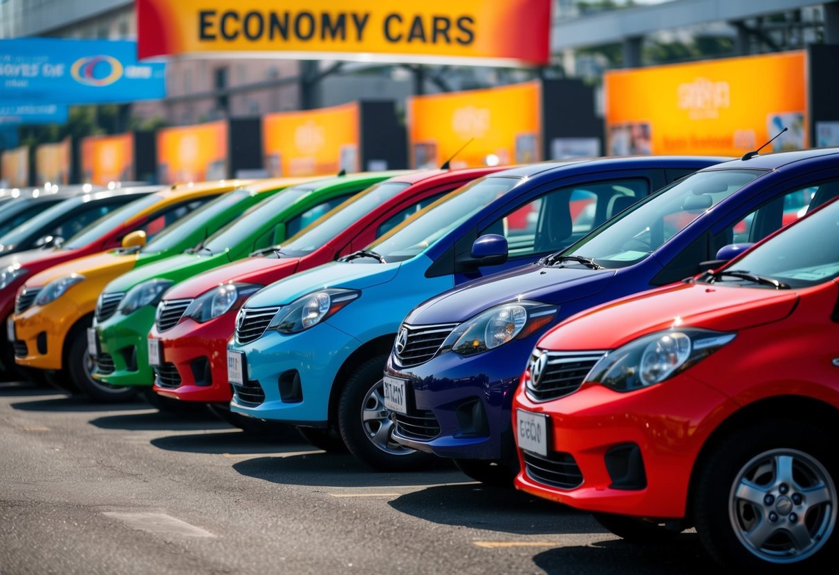 A row of colorful economy cars parked under a bright promotional banner