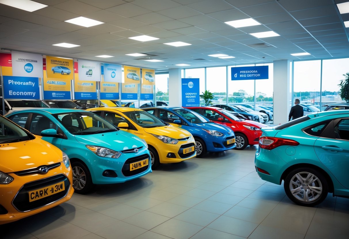 A colorful display of economy cars with promotional banners and logos, surrounded by a bustling car rental office