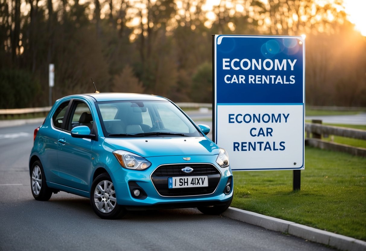 A small economy car parked next to a sign promoting economy car rentals