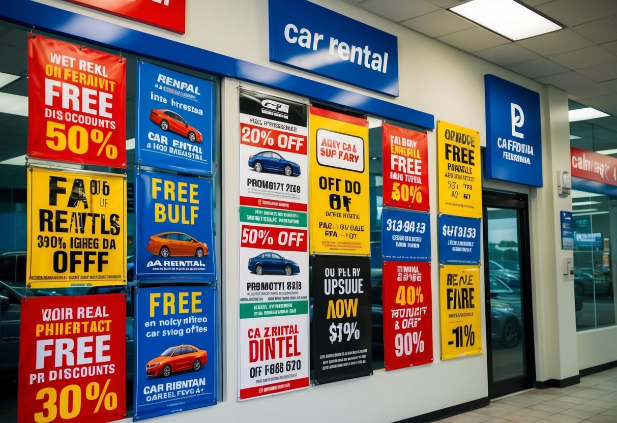 A colorful array of promotional signs and banners adorning a car rental office, with enticing deals and discounts displayed prominently
