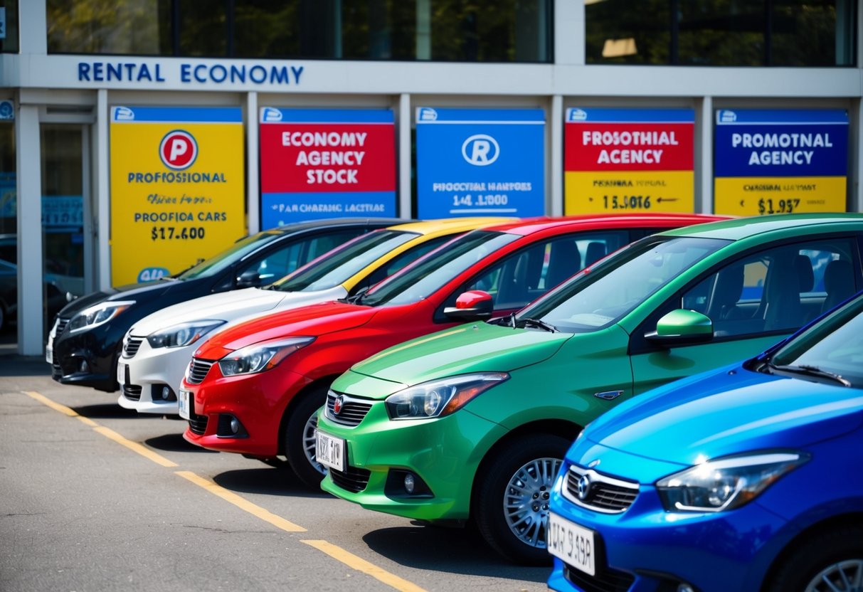 A line of colorful economy cars parked in front of a rental agency with promotional banners and signs displayed