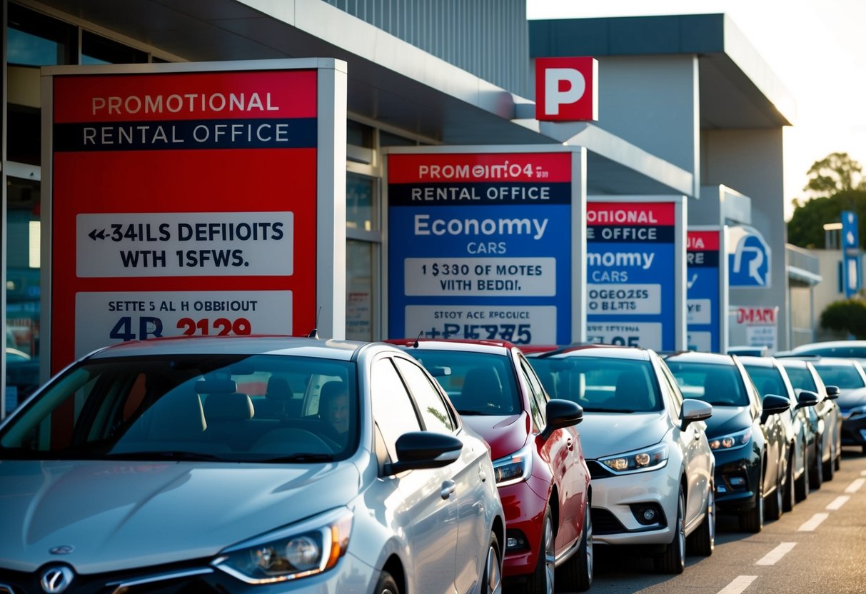 A line of economy cars with promotional signage outside a rental office