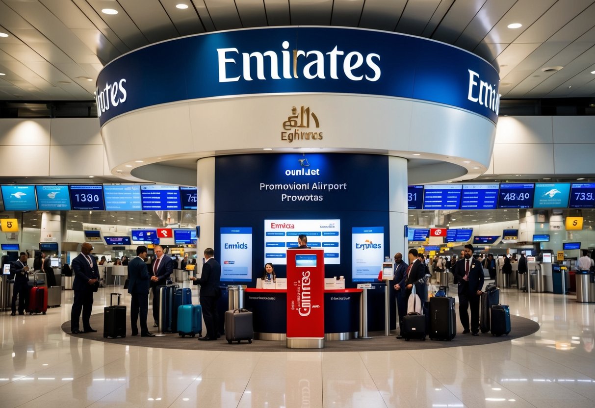 A bustling airport terminal with a prominent Emirates promotions booth, surrounded by travelers and airline staff
