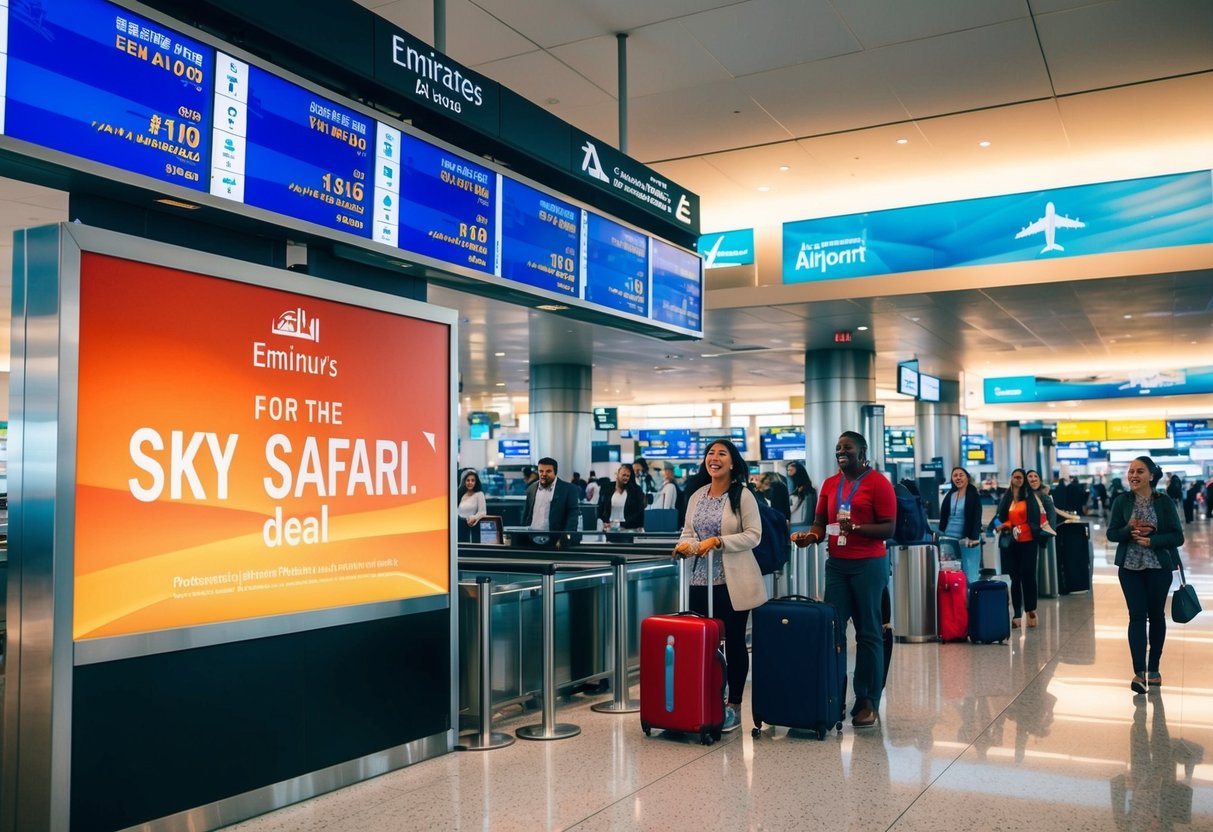 A vibrant, bustling airport terminal with a large Emirates promotion sign and a line of excited travelers checking in for the Sky Safari deal