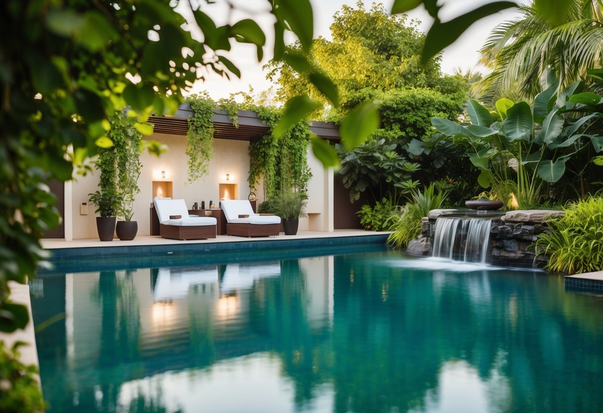 A serene spa with luxurious amenities and calming ambiance, surrounded by lush greenery and tranquil water features
