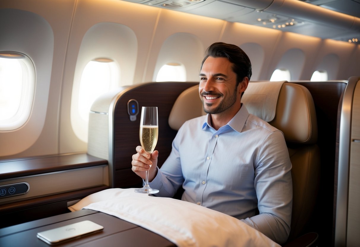 A traveler smiles in a spacious, luxurious first-class cabin with a glass of champagne, enjoying an unexpected upgrade on an Emirates flight