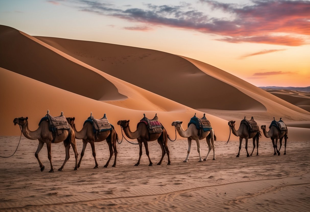 A group of camels trek through a vast desert landscape, with towering sand dunes in the background and a colorful sunset on the horizon