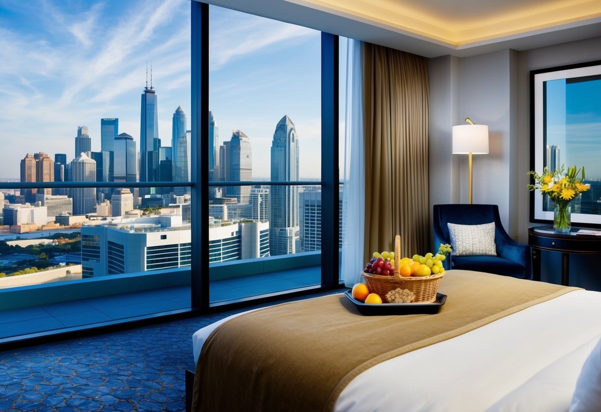 A luxurious hotel room with a view of the city skyline, a plush bed, and a welcome basket of fruits and snacks