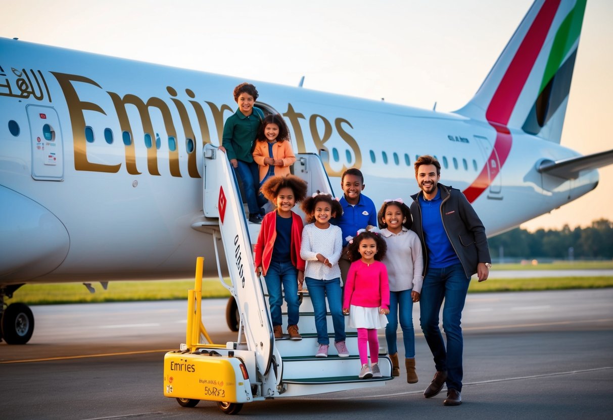Children happily board an Emirates plane, their parents smiling as they take advantage of the "Kids Fly Free" promotion. The aircraft is parked on the tarmac, with the airline's logo prominently displayed on the tail