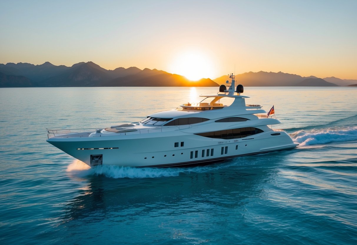 A luxurious yacht sails through crystal-clear waters, with the sun setting behind a backdrop of majestic mountains