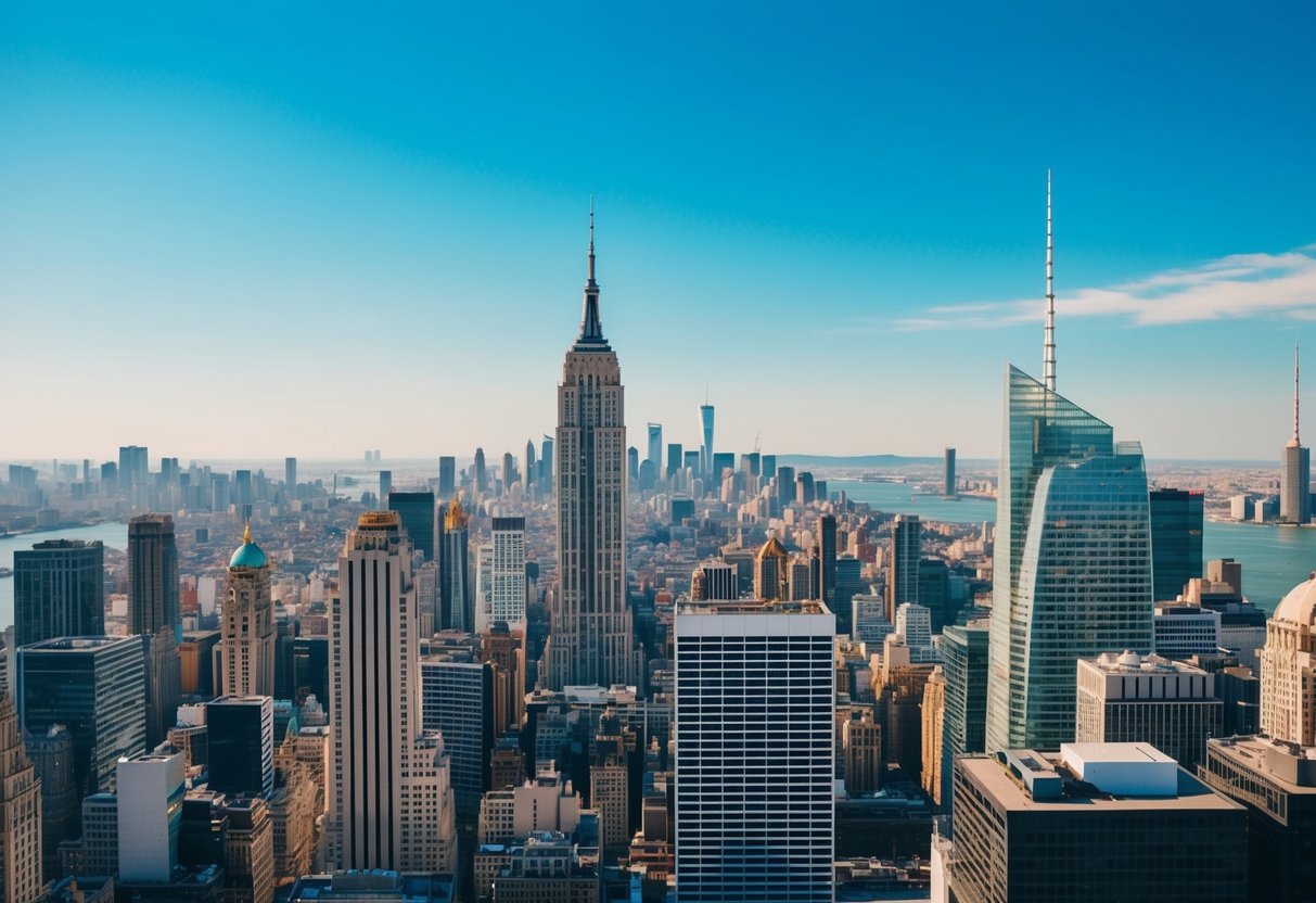 A bustling cityscape with iconic landmarks, bright blue skies, and a sense of excitement and adventure