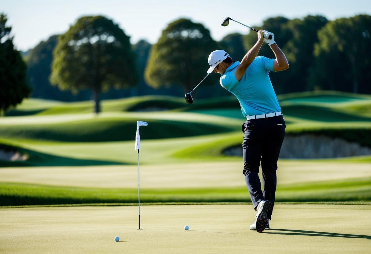 A golfer tees off with a scenic backdrop of rolling green fairways and lush trees, under a clear blue sky at a Half Price Emirates Promotions event