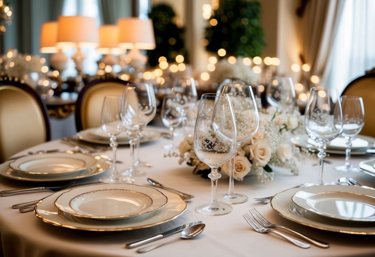 A luxurious dining table set with fine china, sparkling glassware, and elegant cutlery, surrounded by opulent decor and soft ambient lighting