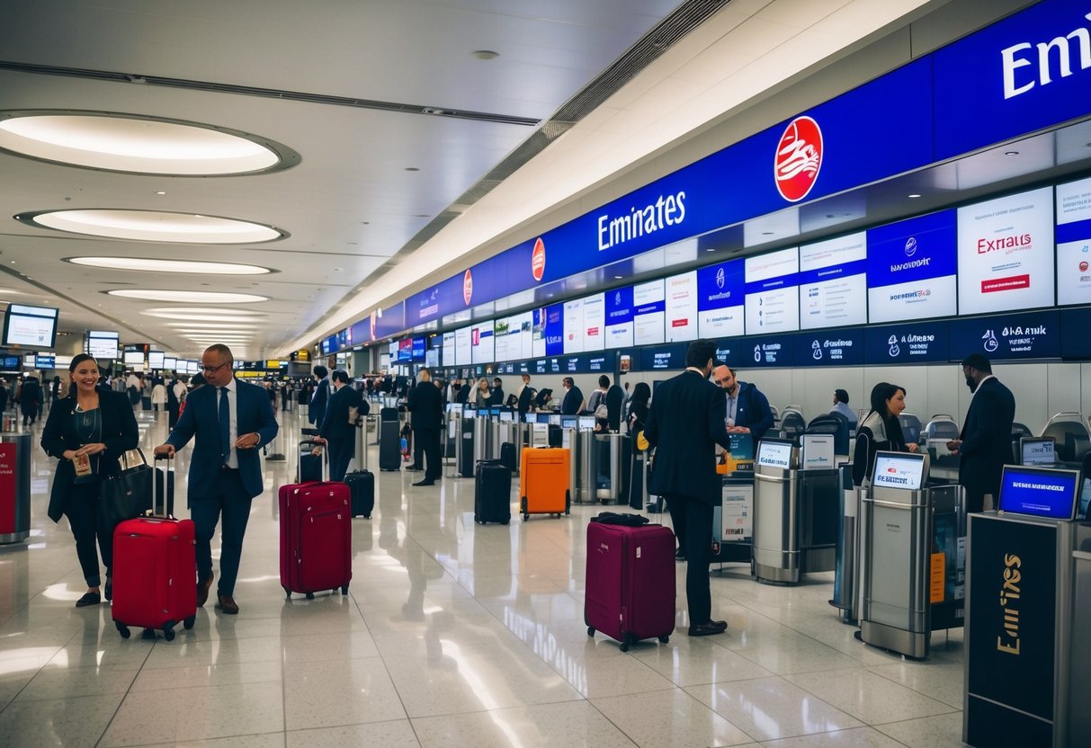 A bustling airport terminal with Emirates branding and promotional materials displayed throughout. Travelers are seen checking in and browsing the various offers