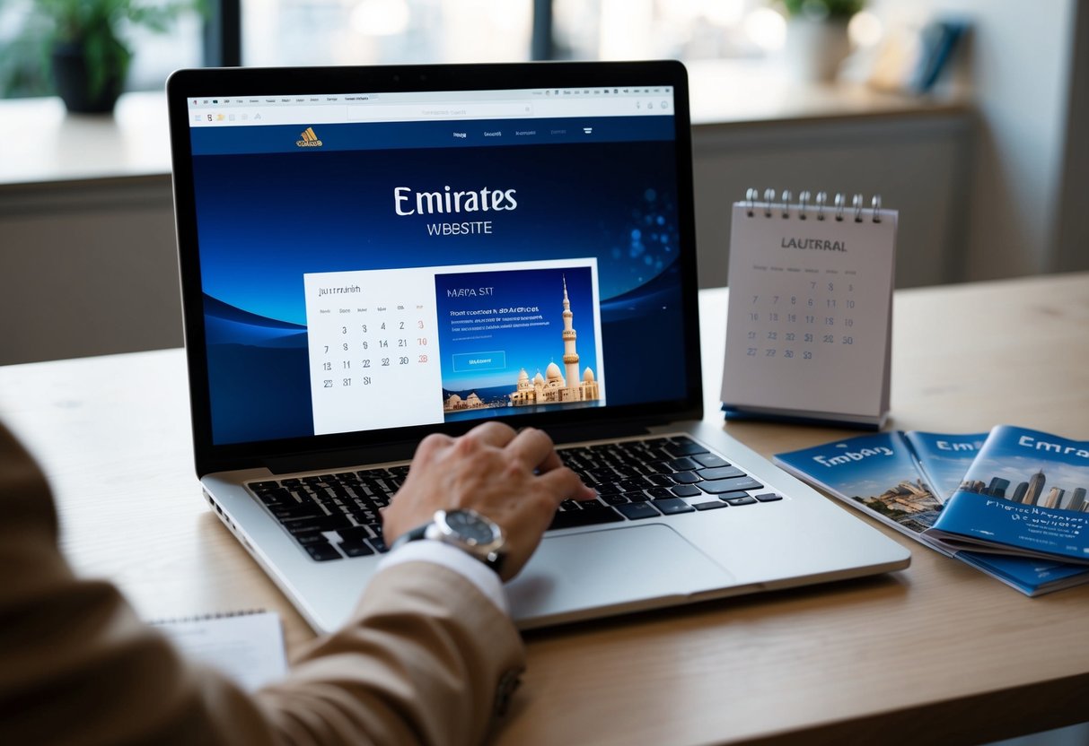 A person browsing the Emirates website on a laptop, with a calendar and travel brochures nearby