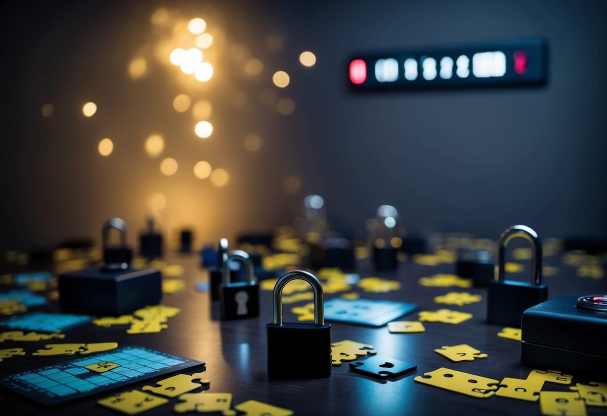 A dimly lit room with scattered puzzles, locks, and hidden clues. A countdown timer on the wall adds urgency to the atmosphere