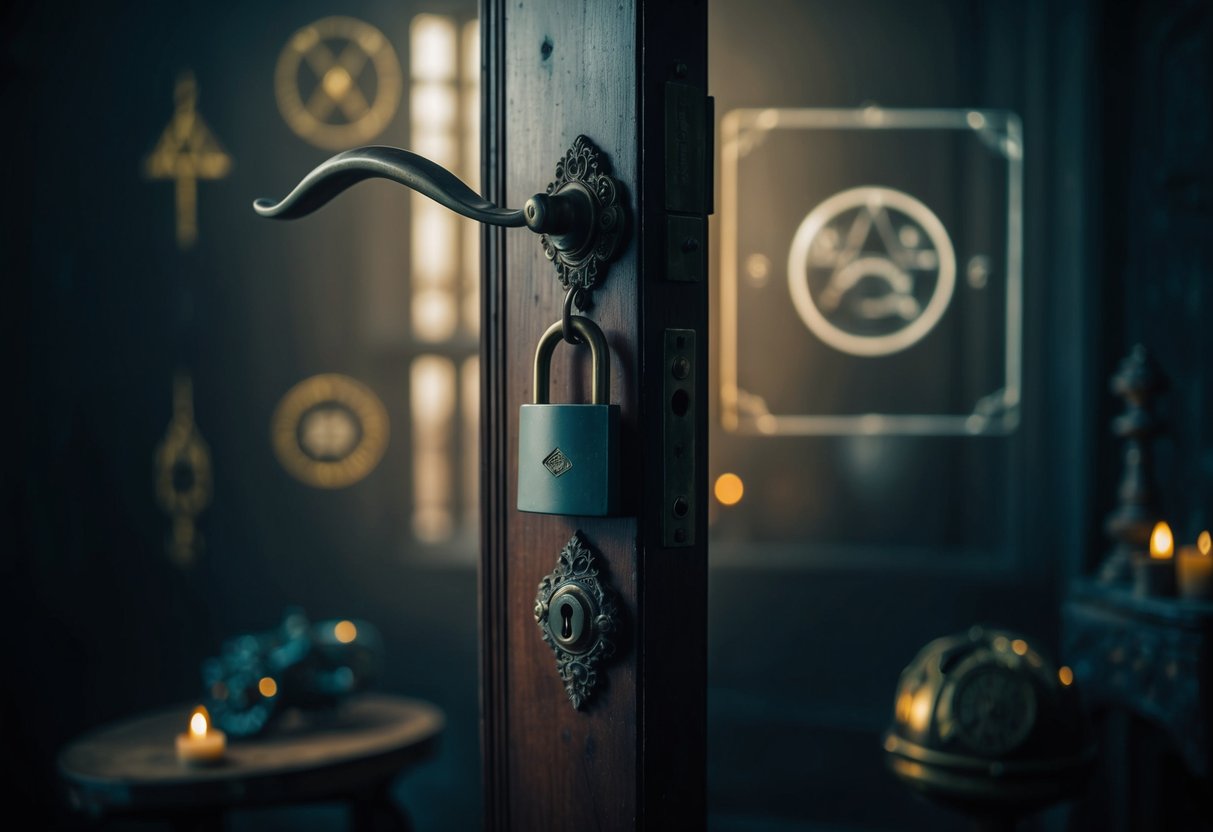 A dimly lit room with an ornate lock on an old wooden door, surrounded by cryptic symbols and mysterious artifacts