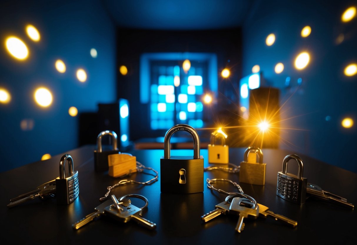 A dimly lit room with locks, puzzles, and hidden clues. Flashing lights and eerie sounds create an atmosphere of mystery and excitement