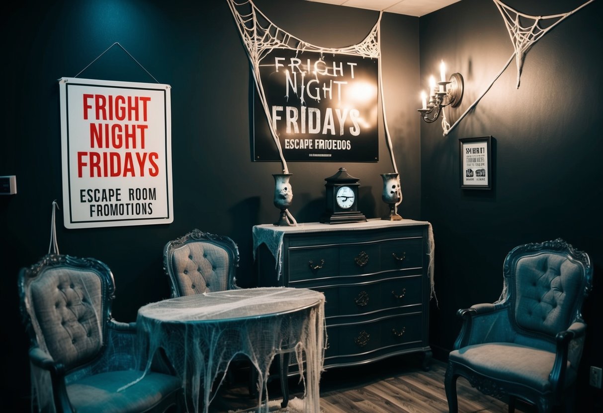 A dimly lit room with cobweb-covered furniture and eerie decorations, a sign promoting "Fright Night Fridays" escape room promotions hanging on the wall