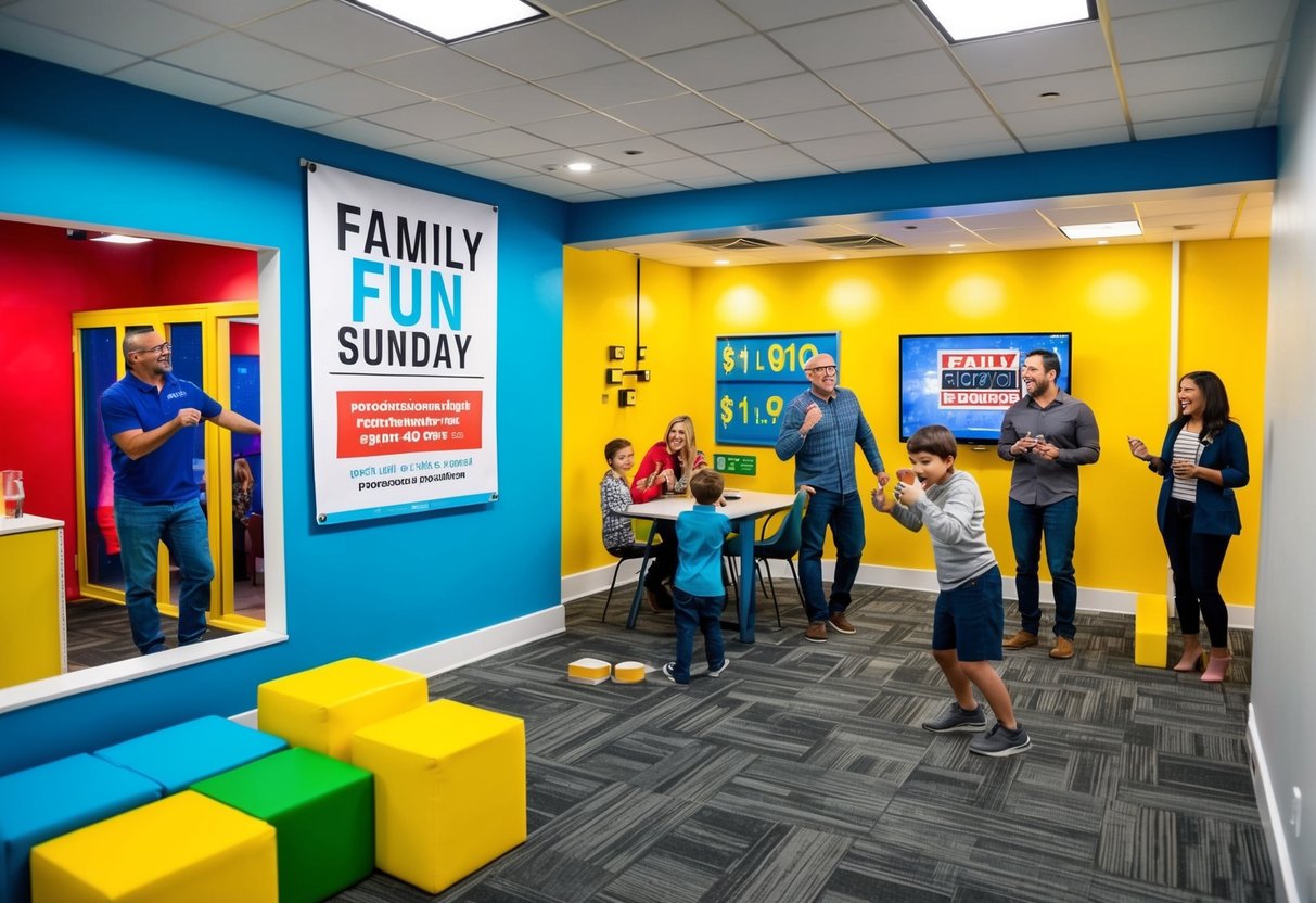 A brightly colored escape room facility with a "Family Fun Sunday" banner, featuring promotional offers and families enjoying the interactive challenges