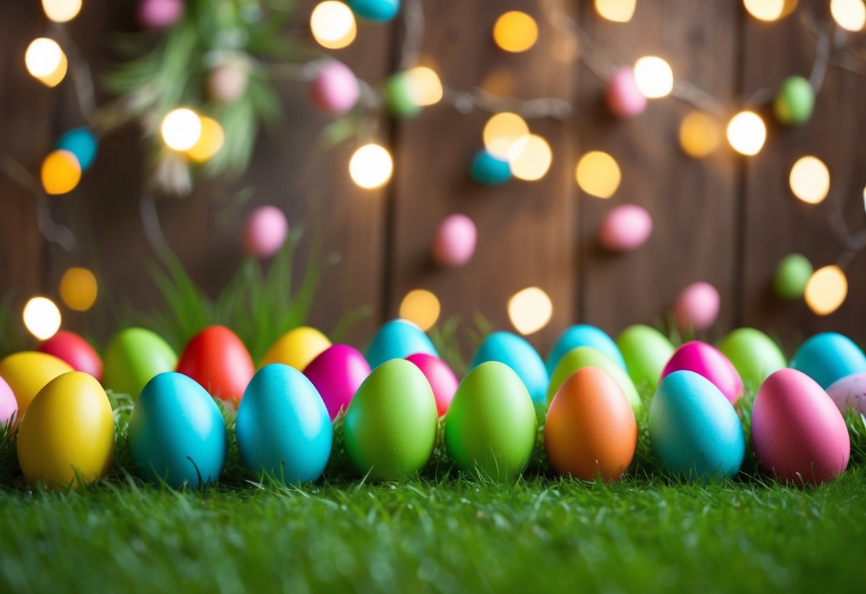 A colorful Easter egg hunt scene with hidden clues and puzzles