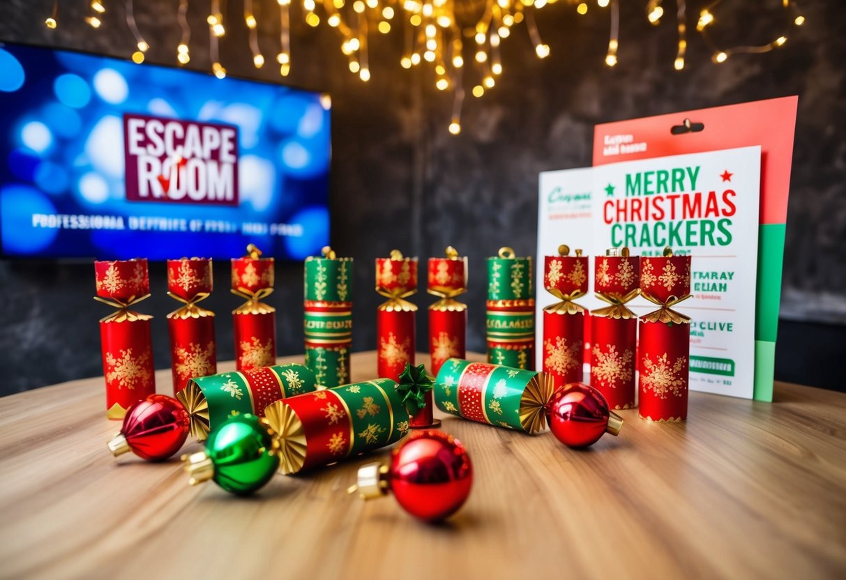 A festive-themed escape room with Christmas crackers, holiday decor, and promotional materials