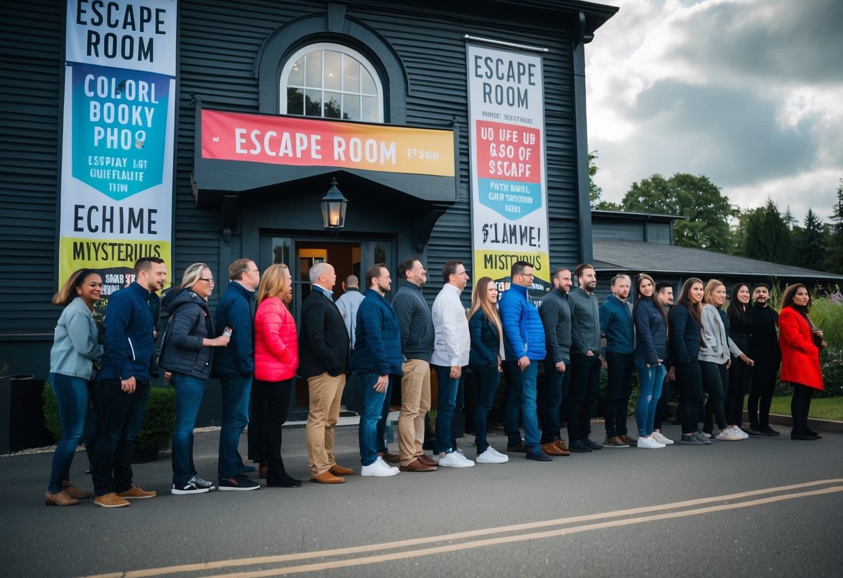 A group of people eagerly line up outside a mysterious building, adorned with colorful banners and signs advertising escape room promotions