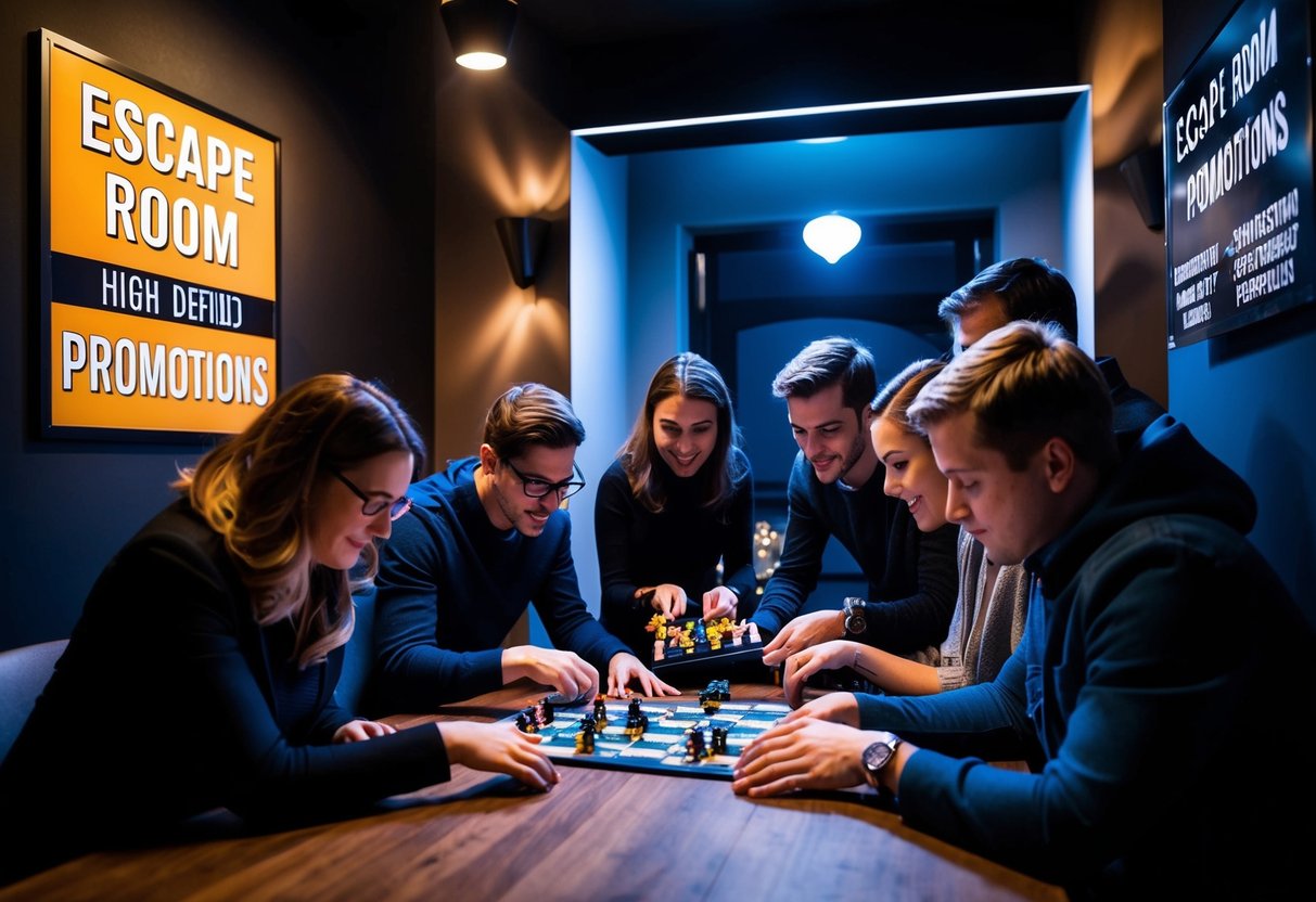 A group of people eagerly solving puzzles in a dimly lit room, with dramatic lighting and mysterious decor. A sign outside advertises "Escape Room Promotions."