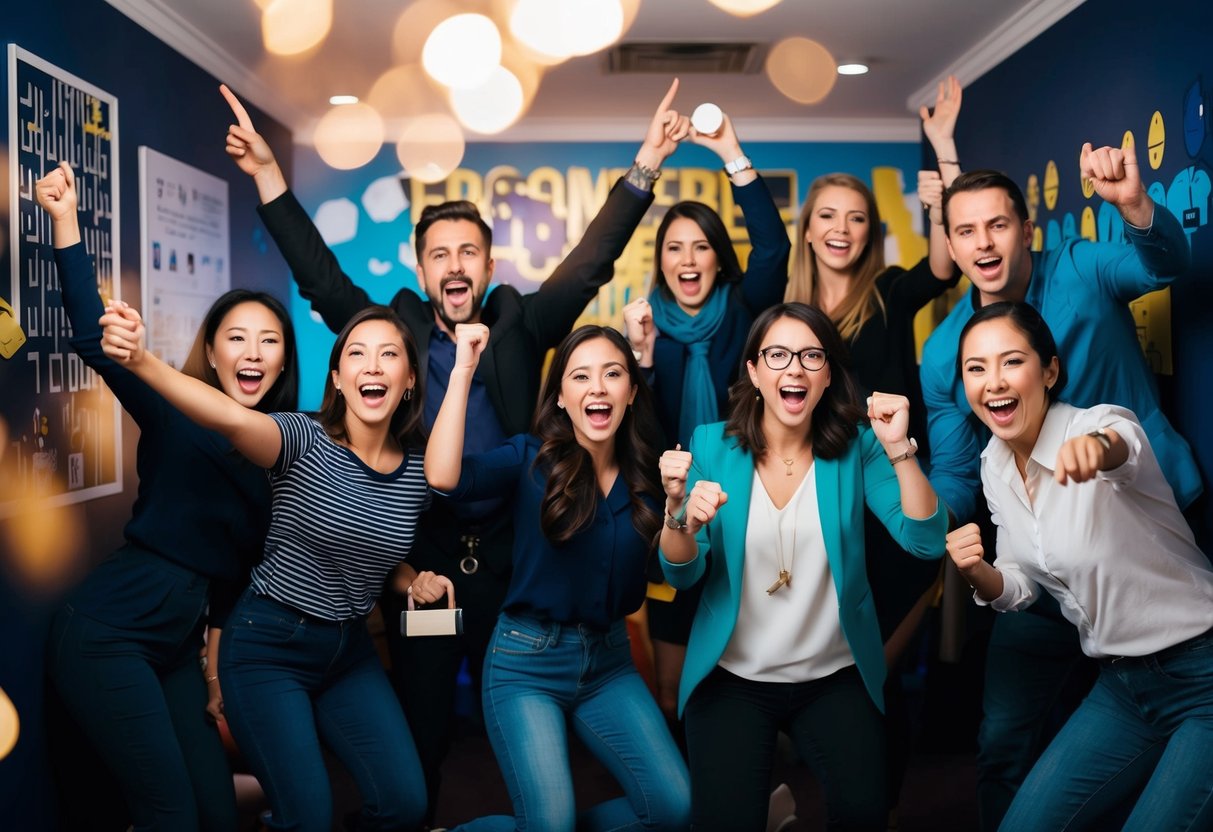 A group of people excitedly solve puzzles, unlock locks, and celebrate as they successfully escape from a themed room